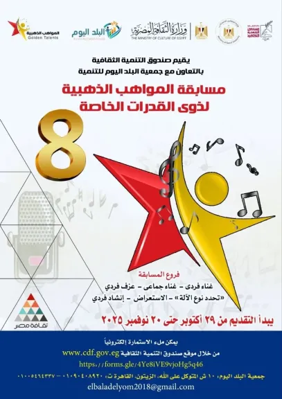 الإثنين..بدء إختبارات الأداء لمسابقة المواهب الذهبية بنسختها الثامنة بالأوبرا